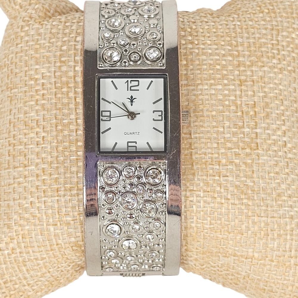 Women's Bangle Watch Silver Square Dial Rhinestones Formal Glam Dressy, Tested